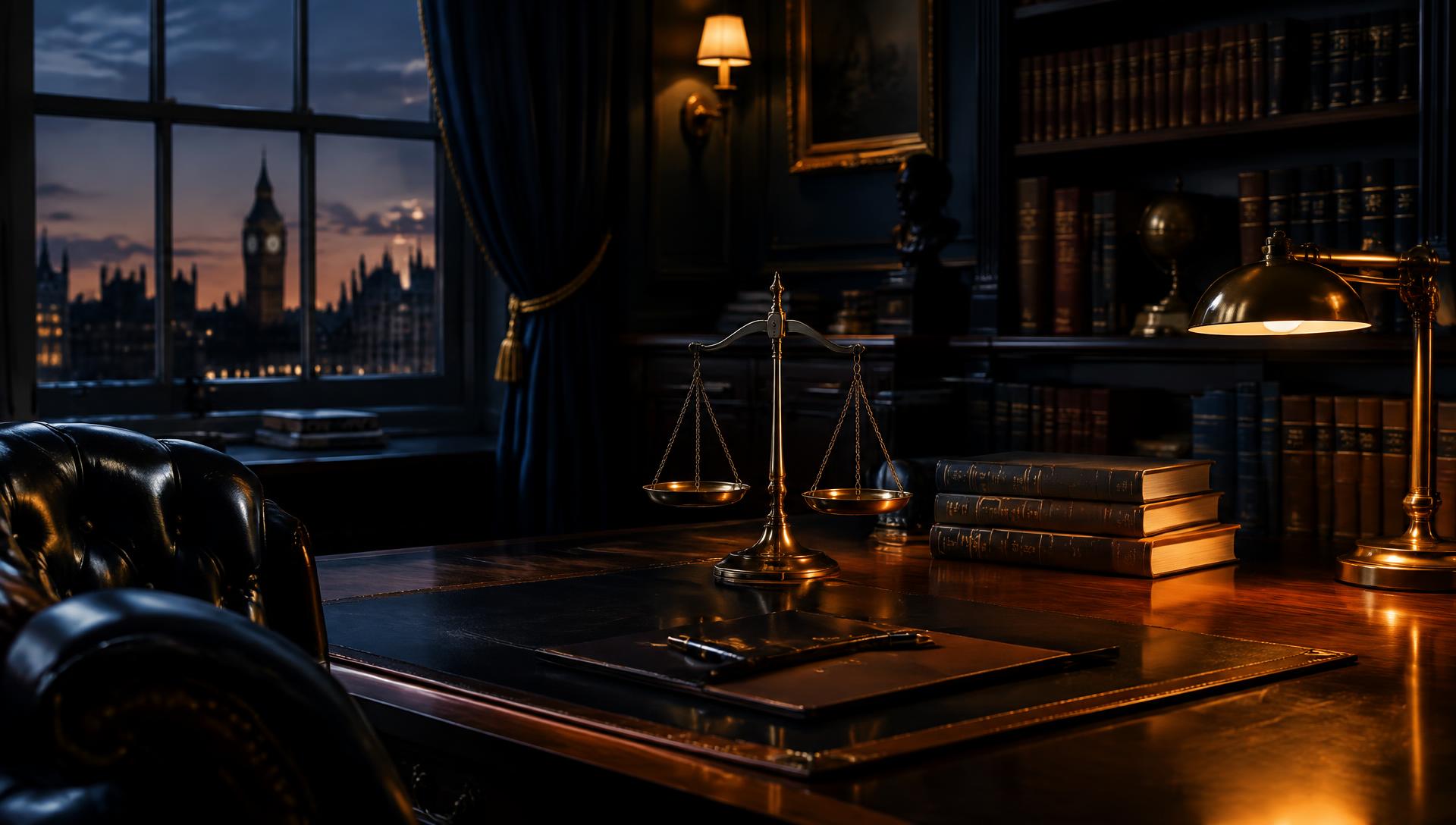 Traditional legal office with scales of justice